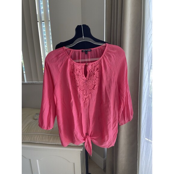 Cable & Gauge Tops - Cable & Gauge Pink Lace Tie Front 3/4 Sleeve Top SZ S